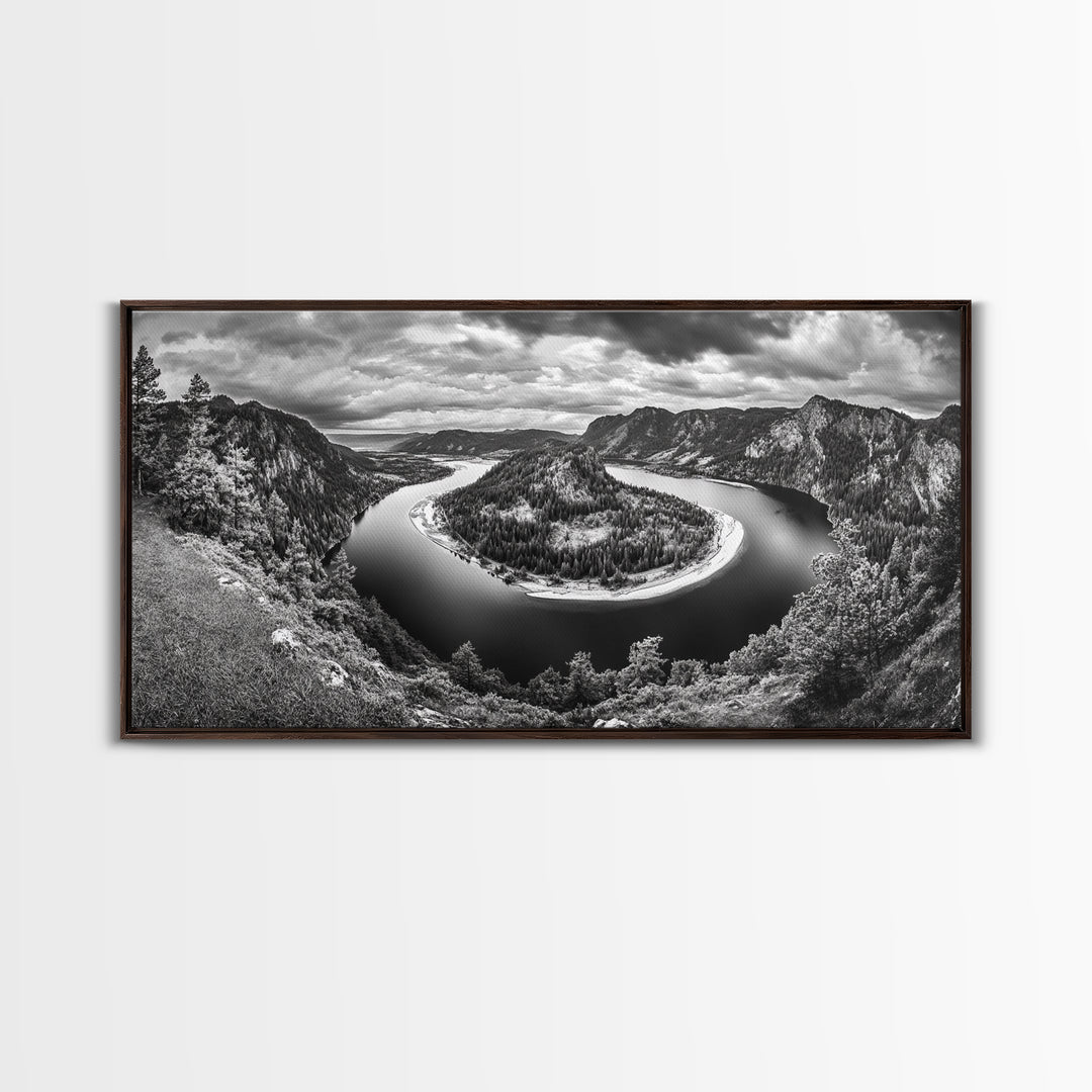 River Bend Landscape, Mountain View Aerial, Nature Panorama Scene, Framed Canvas Print, Cabin Wall Art, Adventure Boho Art, Living Room Wall Art