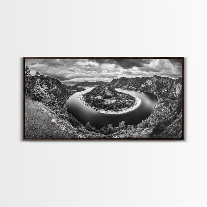 River Bend Landscape, Mountain View Aerial, Nature Panorama Scene, Framed Canvas Print, Cabin Wall Art, Adventure Boho Art, Living Room Wall Art