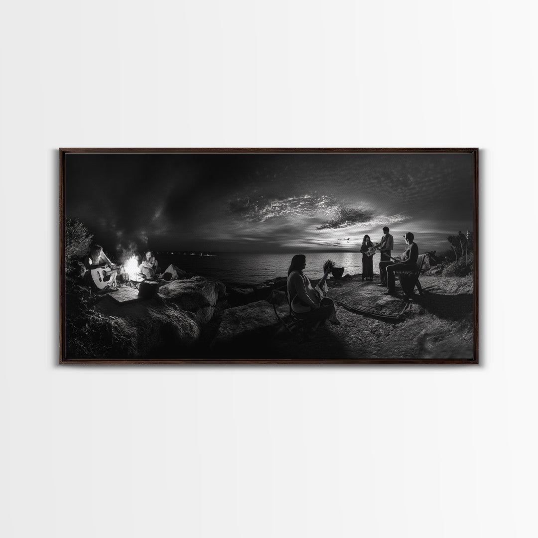 Campfire Gathering, Boho Night Vibes, Music Outdoors Scene, Framed Canvas Print, Living Room Wall Art, Folk Rustic Aesthetic