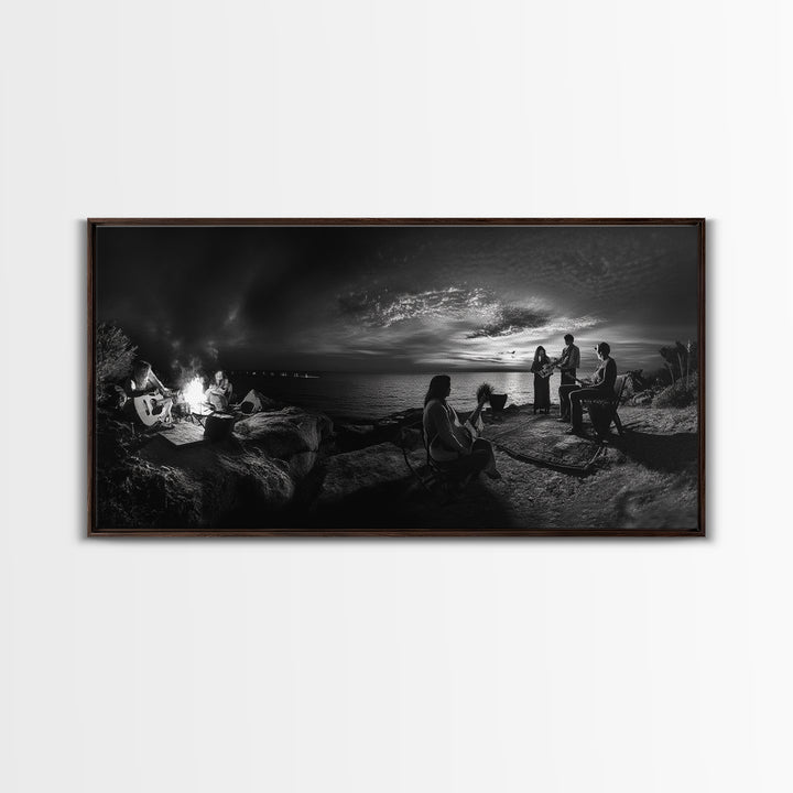 Campfire Gathering, Boho Night Vibes, Music Outdoors Scene, Framed Canvas Print, Living Room Wall Art, Folk Rustic Aesthetic