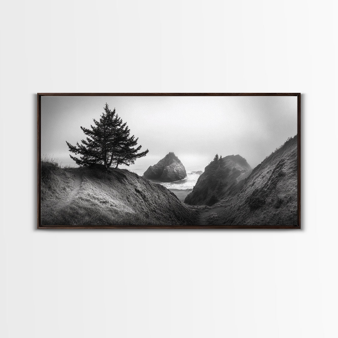 Coastal Cliff Scene, Evergreen Ocean Landscape, Pacific Northwest View, Framed Canvas Print, Nature Inspired Wall Art, Minimalist Decor