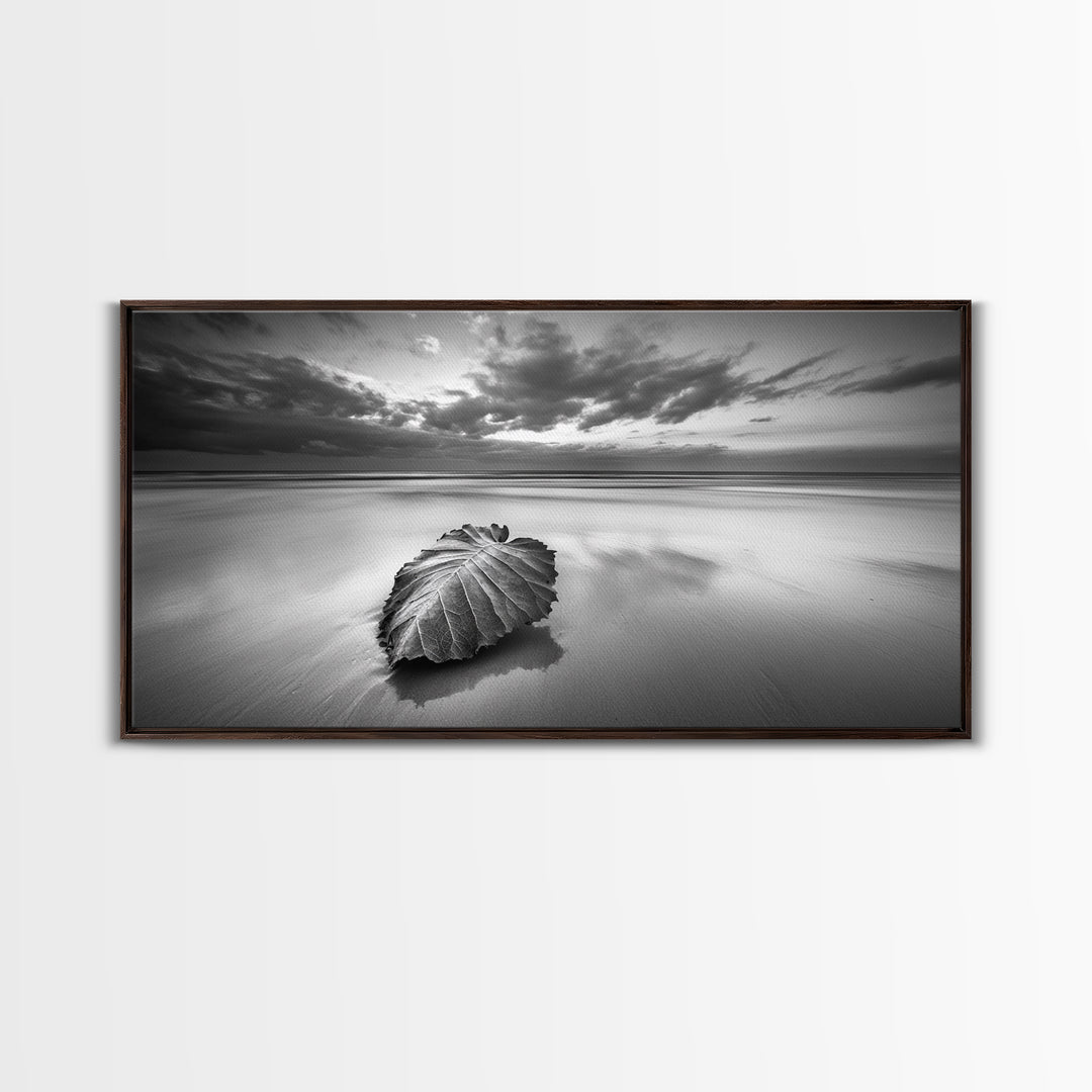 Beach Leaf Still, Autumn Nature Scene, Calm Ocean Shoreline, Canvas Print, Fall Bathroom Wall Art, Neutral Earth Tone Decor