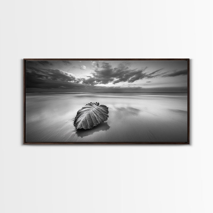 Beach Leaf Still, Autumn Nature Scene, Calm Ocean Shoreline, Canvas Print, Fall Bathroom Wall Art, Neutral Earth Tone Decor