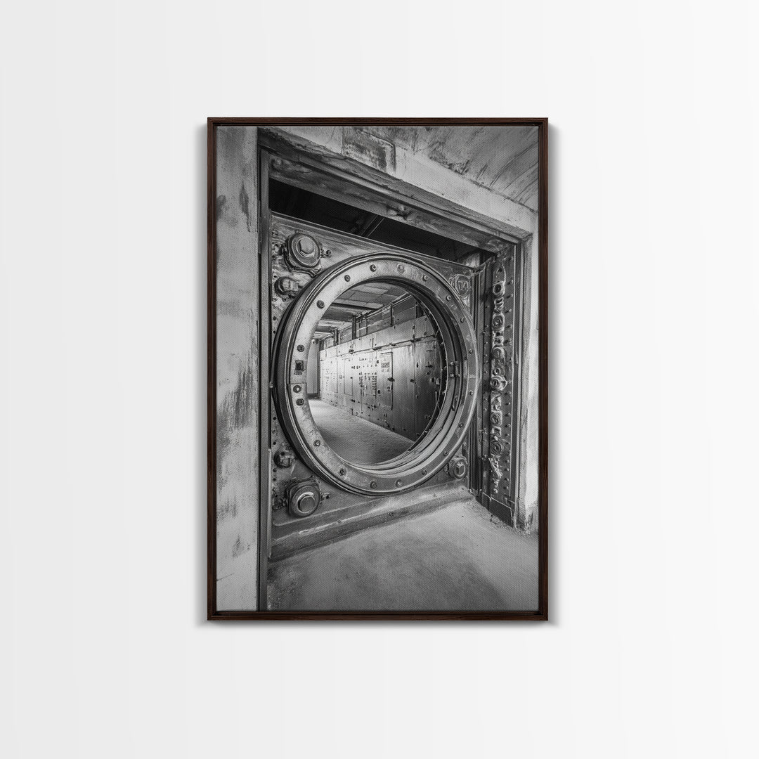 Bank Vault Door, Industrial Design, Urban Texture, Canvas Print, Masculine Office Decor, Steampunk Wall Art, Black White Print