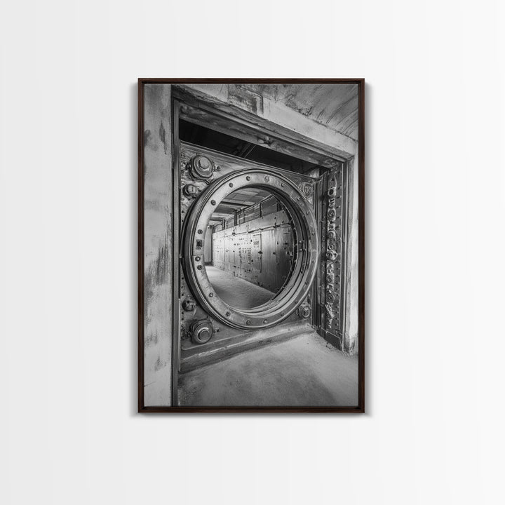 Bank Vault Door, Industrial Design, Urban Texture, Canvas Print, Masculine Office Decor, Steampunk Wall Art, Black White Print