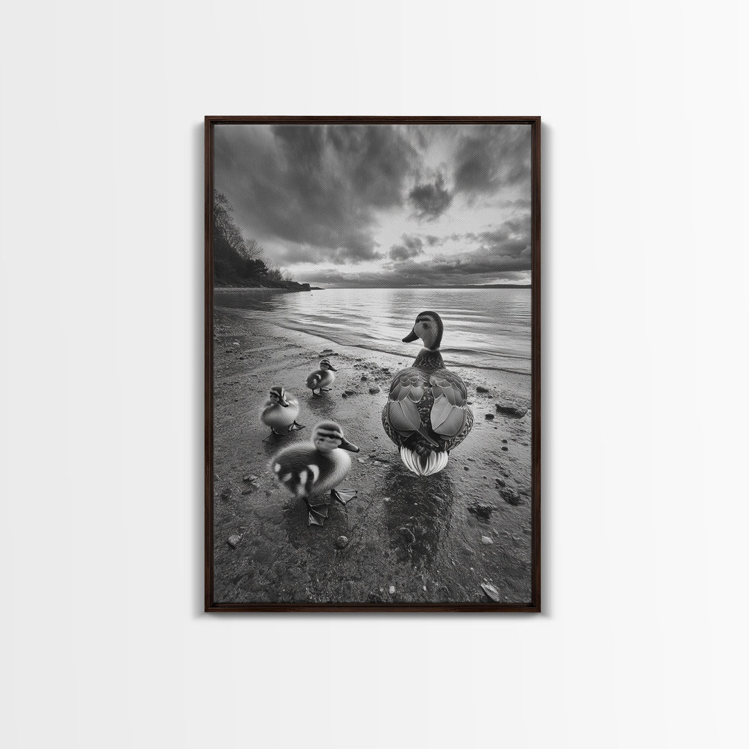 Duck Family, Lakeside Peace, Nature Walk, Canvas Print, Wholesome Wall Art, Nursery Animal Decor, Cozy Autumn Photography Style