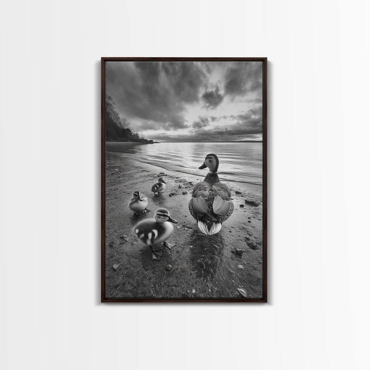 Duck Family, Lakeside Peace, Nature Walk, Canvas Print, Wholesome Wall Art, Nursery Animal Decor, Cozy Autumn Photography Style