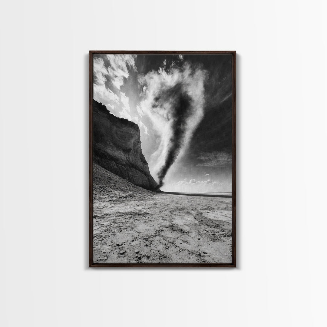 Tornado Beach Scene, Stormy Skies, Black and White Drama, Nature Photography, Framed Canvas Print, Office Wall Art, Moody Minimalist Decor