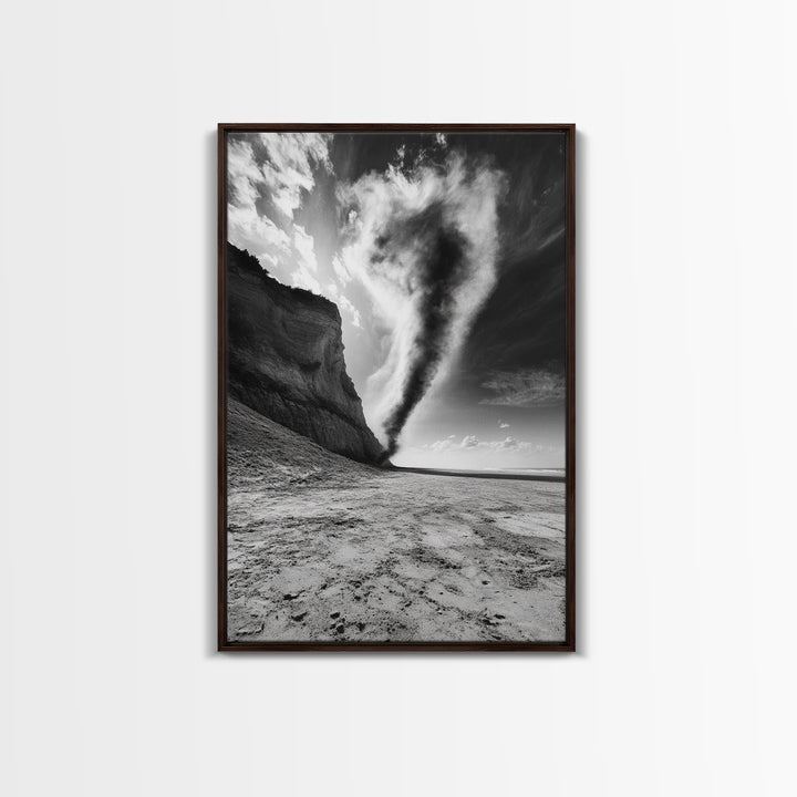 Tornado Beach Scene, Stormy Skies, Black and White Drama, Nature Photography, Framed Canvas Print, Office Wall Art, Moody Minimalist Decor