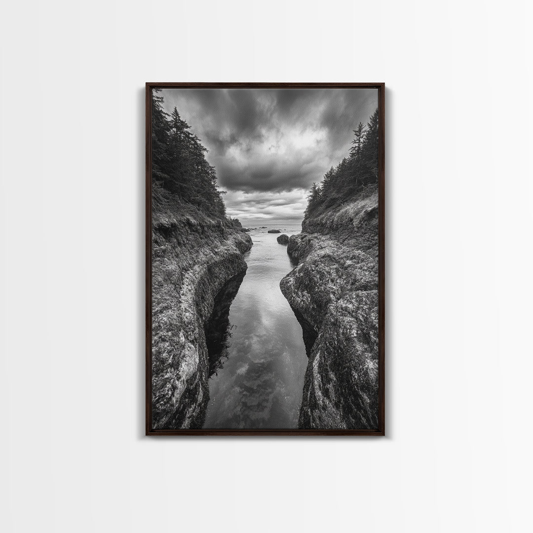 Rocky Waterway, Coastal Reflections, Dramatic Cloudscape, Ocean Nature Print, Framed Canvas Print, Bathroom Wall Art, Modern Rustic Style