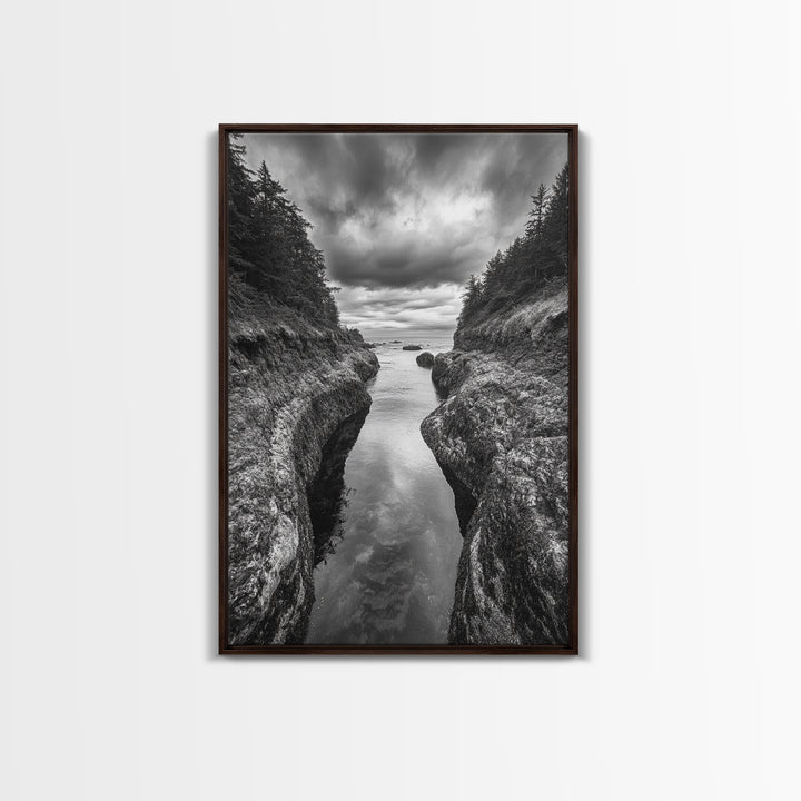 Rocky Waterway, Coastal Reflections, Dramatic Cloudscape, Ocean Nature Print, Framed Canvas Print, Bathroom Wall Art, Modern Rustic Style