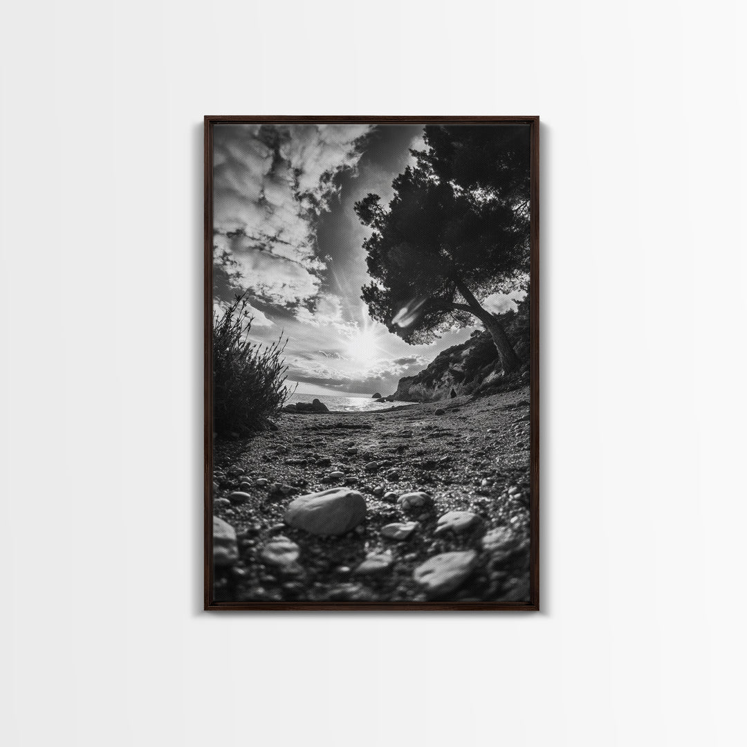 Sunset Beach View, Wide Angle Perspective, Nature Shoreline, Monochrome Landscape, Framed Canvas Print, Hallway Wall Art, Beach Decor