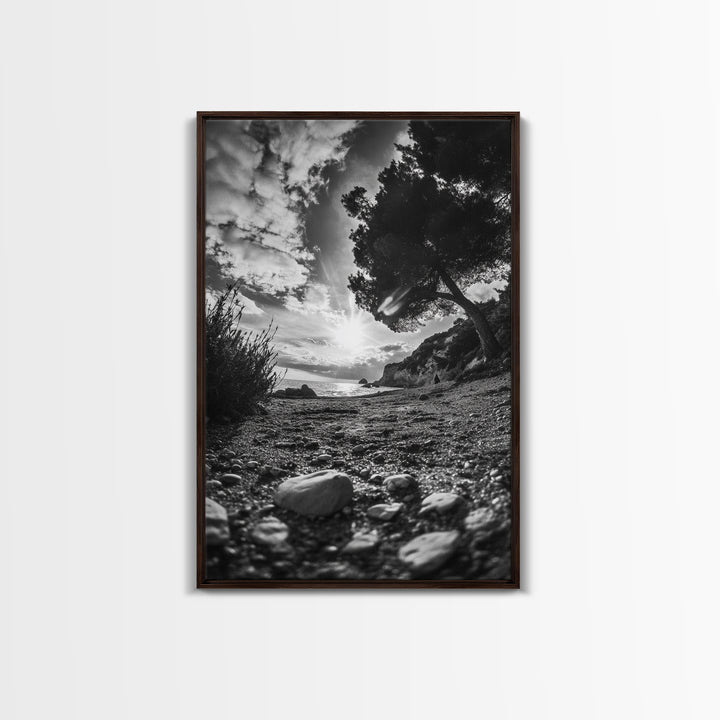Sunset Beach View, Wide Angle Perspective, Nature Shoreline, Monochrome Landscape, Framed Canvas Print, Hallway Wall Art, Beach Decor