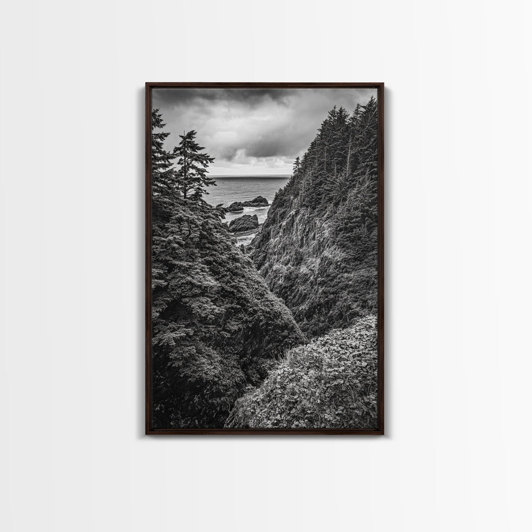 Rugged Ocean View, Coastal Forest, Black and White Mountains, Pacific Northwest Vibes, Framed Canvas Print, Den Wall Art, Moody Cabin Decor