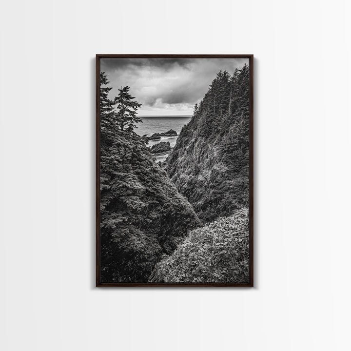 Rugged Ocean View, Coastal Forest, Black and White Mountains, Pacific Northwest Vibes, Framed Canvas Print, Den Wall Art, Moody Cabin Decor
