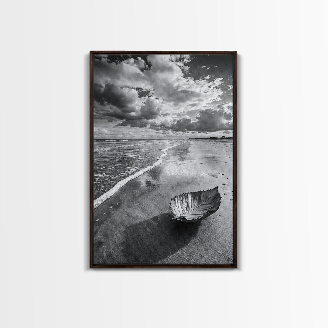 Autumn Beach Leaf, Drift Shore, Moody Cloudscape, Black and White Fall Art, Framed Canvas Print, Seasonal Wall Decor, Rustic Autumn Style