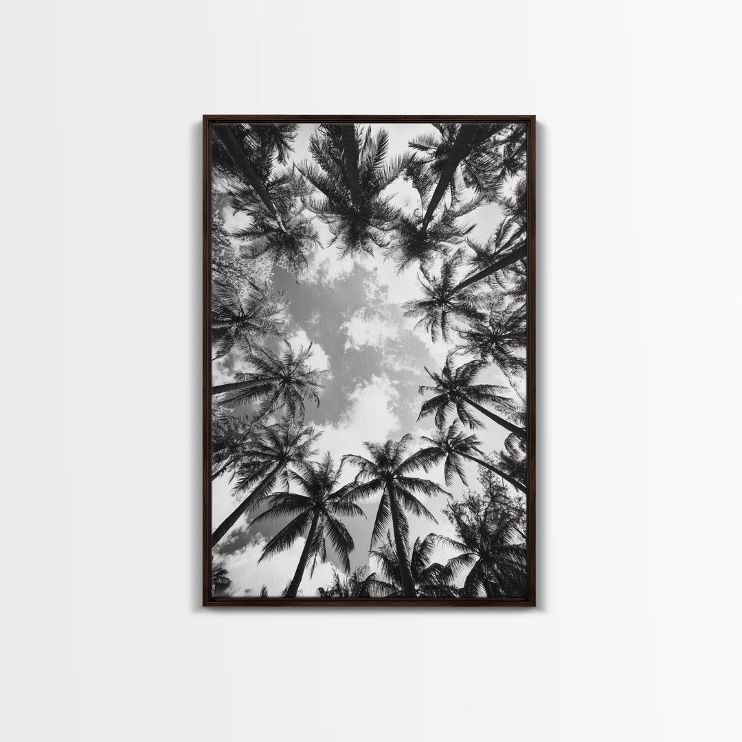 Palm Tree Sky, Tropical Canopy, Black and White Island View, Jungle Overhead Scene, Framed Canvas Print, Bathroom Wall Art, Beach Boho Decor
