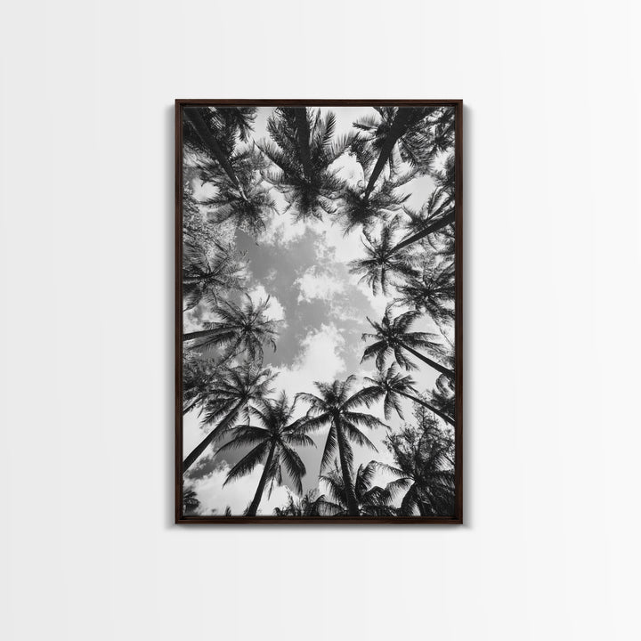 Palm Tree Sky, Tropical Canopy, Black and White Island View, Jungle Overhead Scene, Framed Canvas Print, Bathroom Wall Art, Beach Boho Decor