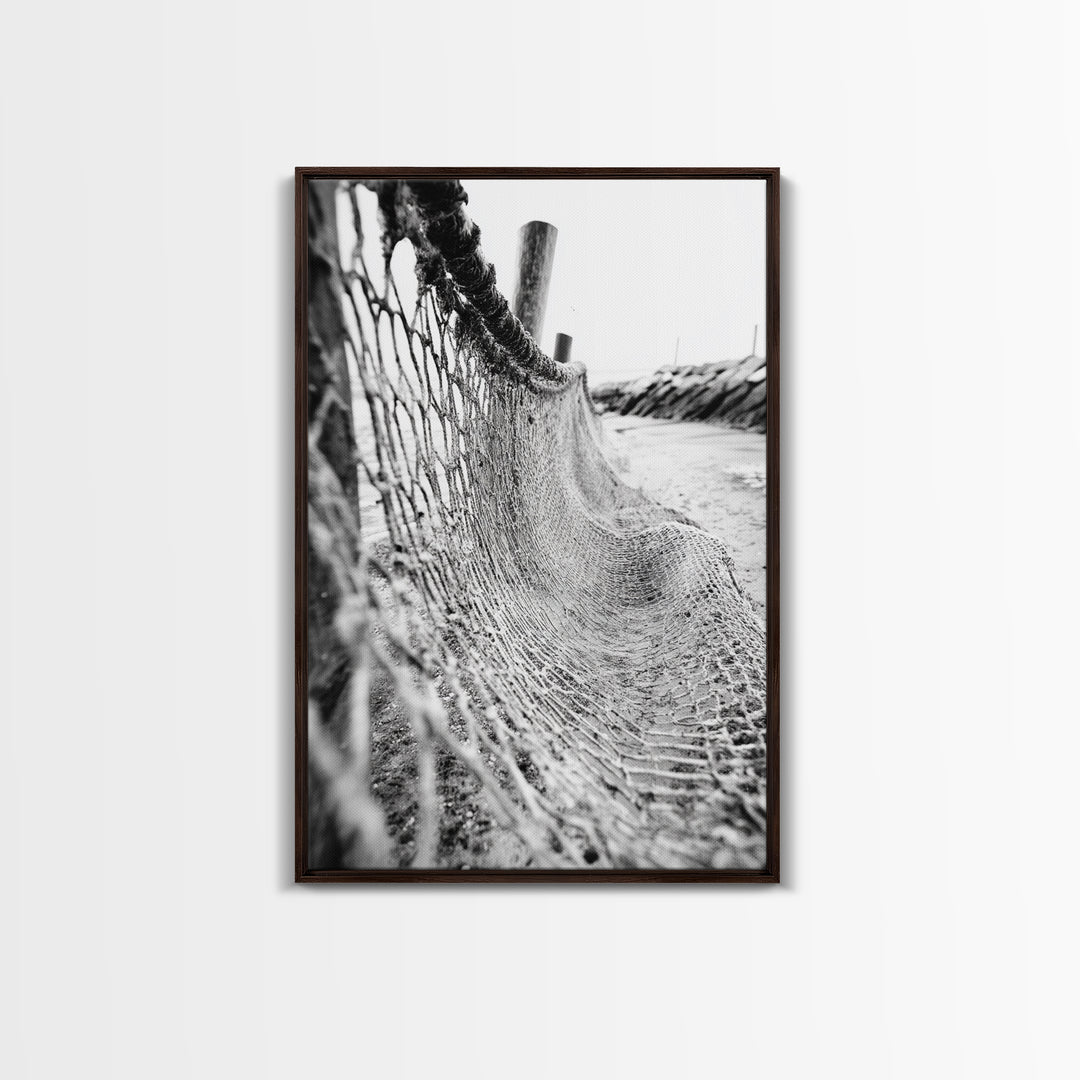 Coastal Net, Beach Texture, Nautical Vibe, Ocean Fence, Framed Canvas Print, Bathroom Wall Art, Coastal Cottage Style, Monochrome Beach Art