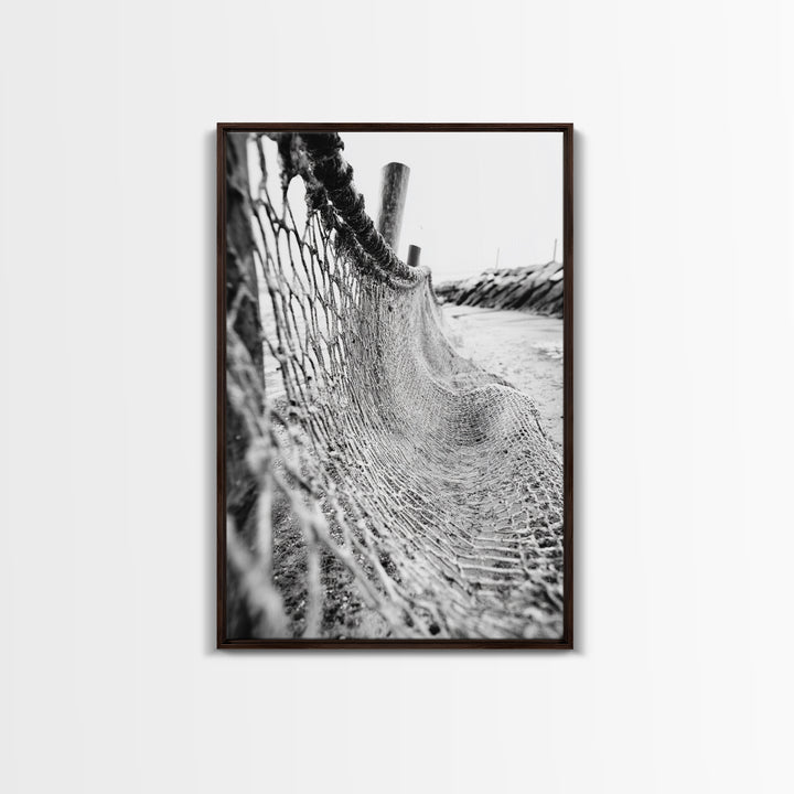 Coastal Net, Beach Texture, Nautical Vibe, Ocean Fence, Framed Canvas Print, Bathroom Wall Art, Coastal Cottage Style, Monochrome Beach Art