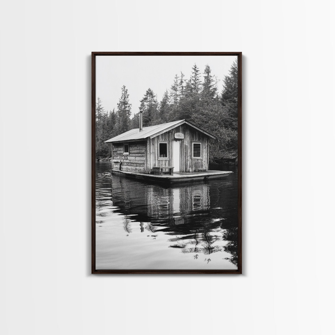 Floating Cabin, Lake House, Forest Reflection, Tranquil Waters, Framed Canvas Print, Bedroom Wall Art, Cabin Aesthetic, Rustic Nature Vibe
