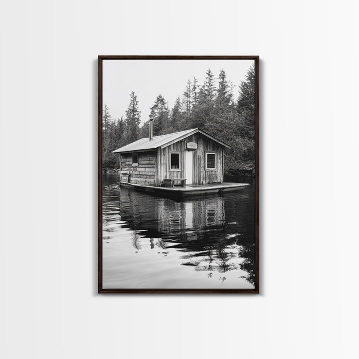 Floating Cabin, Lake House, Forest Reflection, Tranquil Waters, Framed Canvas Print, Bedroom Wall Art, Cabin Aesthetic, Rustic Nature Vibe