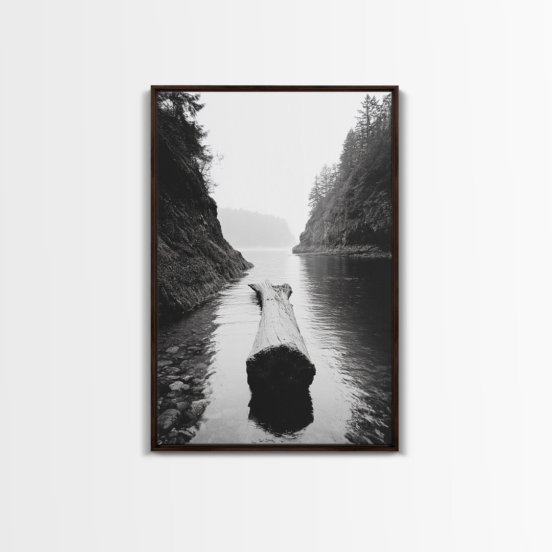 Driftwood Log, River Pass, Nature Silence, Misty Gorge, Framed Canvas Print, Office Wall Art, Modern Nature Decor, Moody Forest Style