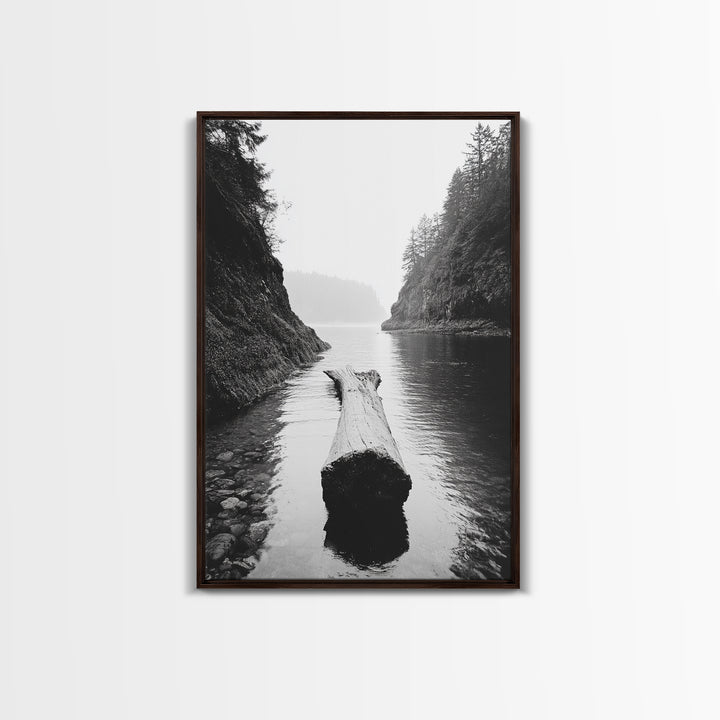 Driftwood Log, River Pass, Nature Silence, Misty Gorge, Framed Canvas Print, Office Wall Art, Modern Nature Decor, Moody Forest Style