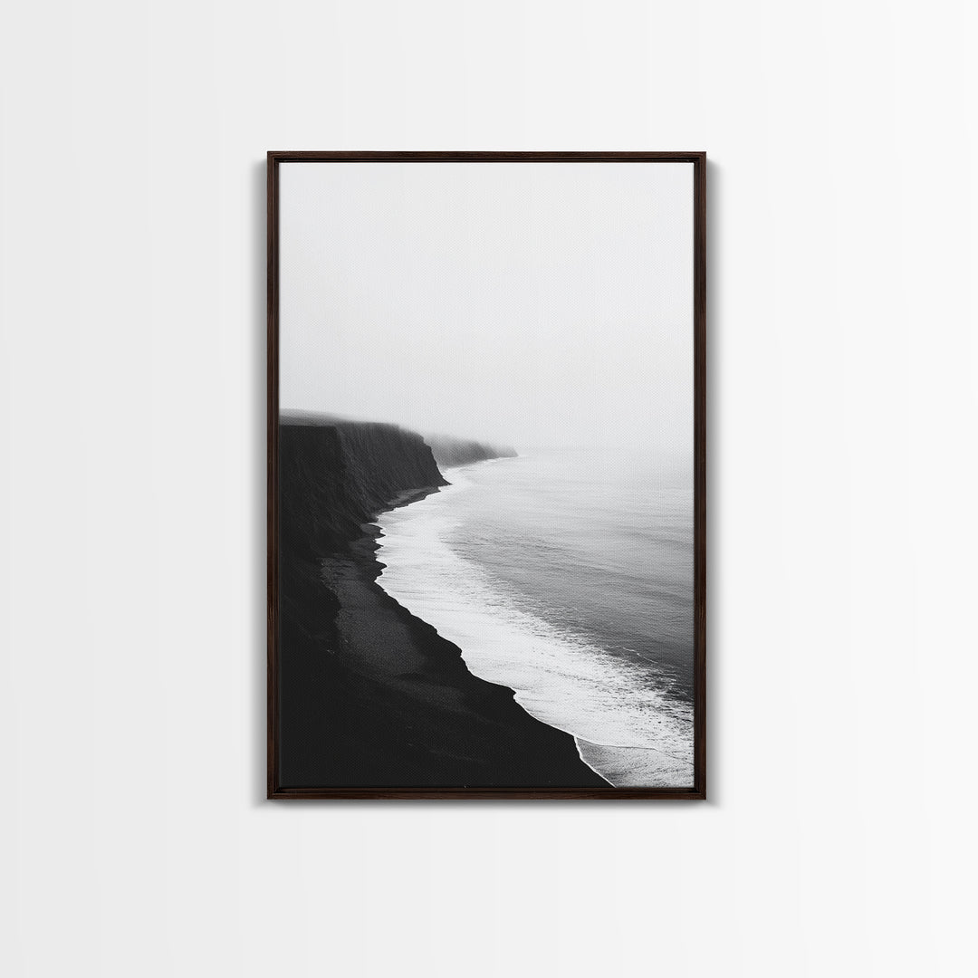 Cliff Coast, Mist Horizon, Monochrome Sea, Rugged Beauty, Canvas Print, Living Room Wall Art, Coastal Modern Style, Minimalist Ocean Scene