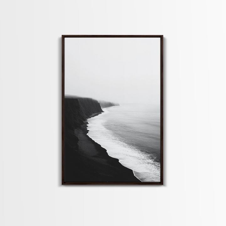 Cliff Coast, Mist Horizon, Monochrome Sea, Rugged Beauty, Canvas Print, Living Room Wall Art, Coastal Modern Style, Minimalist Ocean Scene