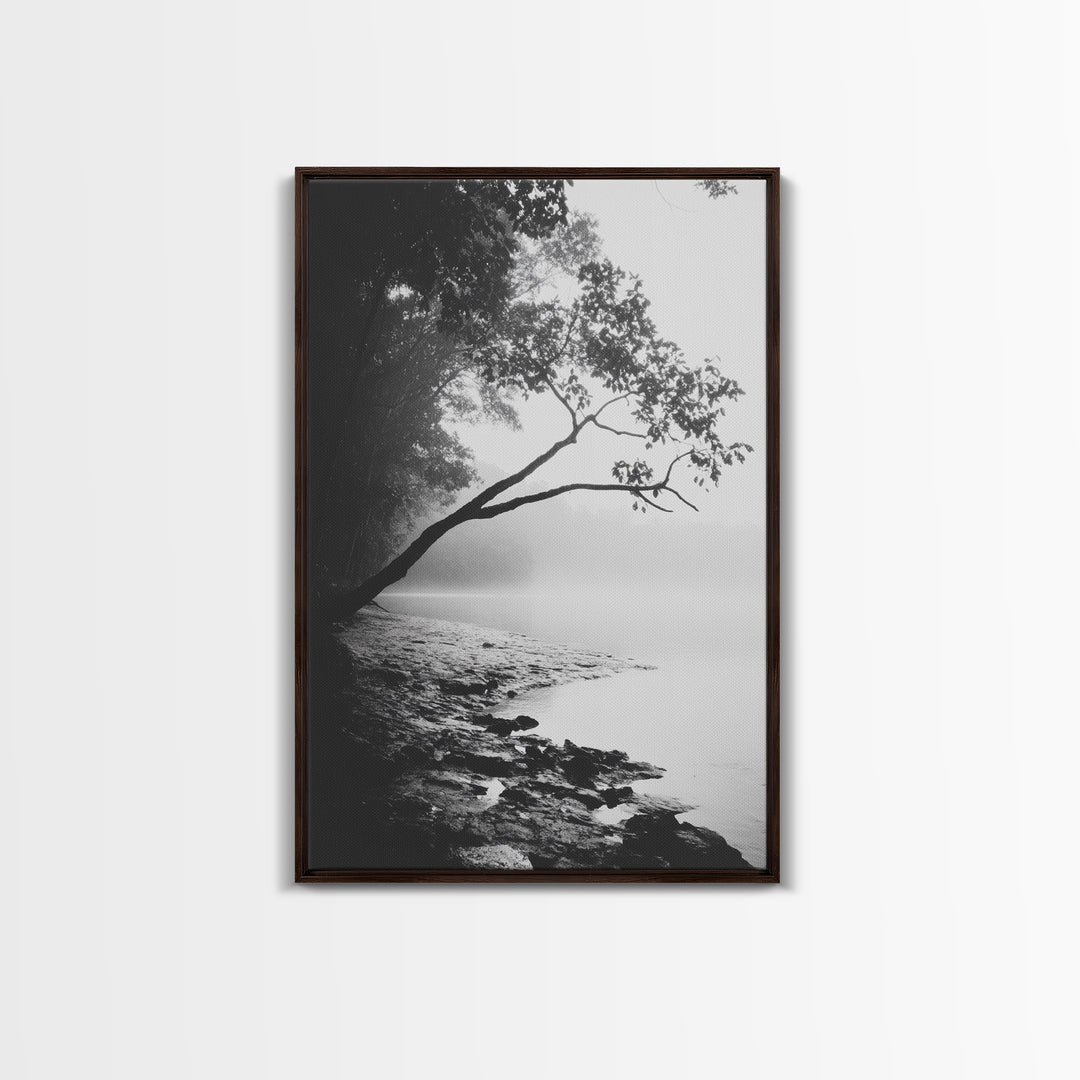 Misty Tree, Shoreline Fog, Forest Edge, Moody Atmosphere, Framed Canvas Print, Bedroom Wall Art, Autumn Woodland Style, Serene Nature Decor