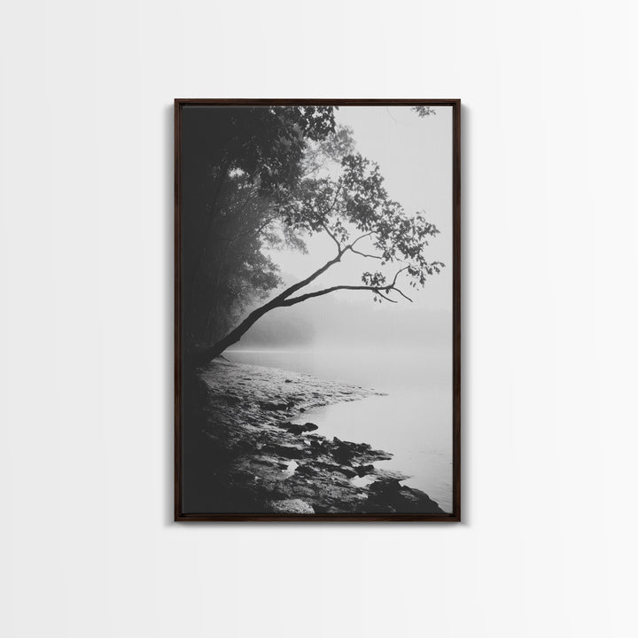 Misty Tree, Shoreline Fog, Forest Edge, Moody Atmosphere, Framed Canvas Print, Bedroom Wall Art, Autumn Woodland Style, Serene Nature Decor