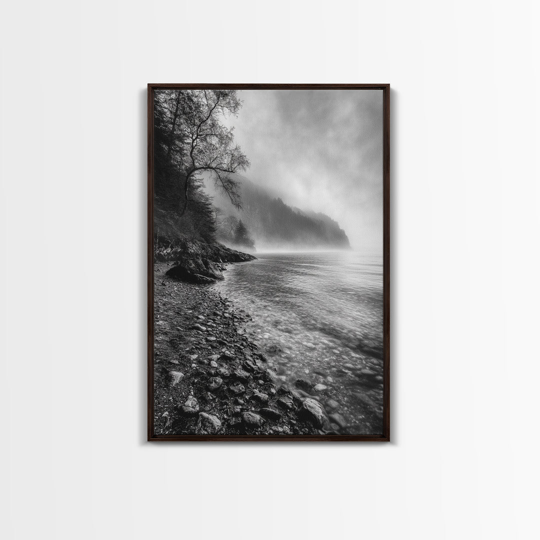 Foggy Coast, Moody Shore, Tranquil Pebbles, Forest Water, Framed Canvas Print, Bathroom Wall Art, Nature Photography Style, Calm Retreat Decor