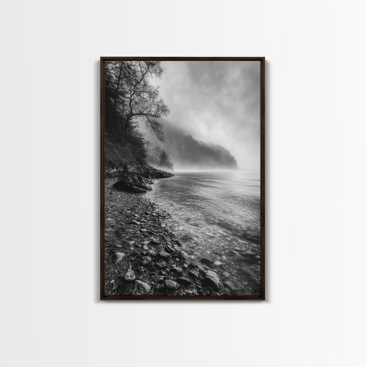 Foggy Coast, Moody Shore, Tranquil Pebbles, Forest Water, Framed Canvas Print, Bathroom Wall Art, Nature Photography Style, Calm Retreat Decor