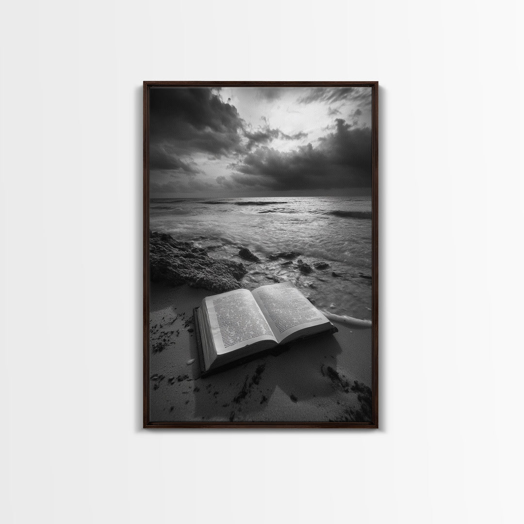 Book Beach Twilight, Reading By Ocean, Literary Seascape, Canvas Print, Study Wall Art, Moody Literary Art, Minimalist Coastal Decor