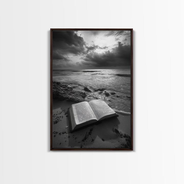 Book Beach Twilight, Reading By Ocean, Literary Seascape, Canvas Print, Study Wall Art, Moody Literary Art, Minimalist Coastal Decor