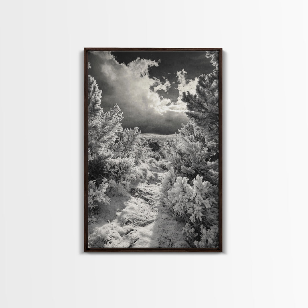 Snowy Pine Path, Winter Forest Light, Frozen Landscape Art, Canvas Print, Holiday Wall Art, Minimalist Winter, Nordic Style Decor