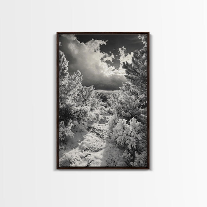 Snowy Pine Path, Winter Forest Light, Frozen Landscape Art, Canvas Print, Holiday Wall Art, Minimalist Winter, Nordic Style Decor