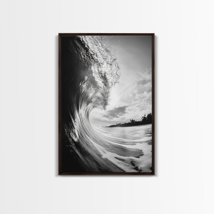 Ocean Wave Curl, Sea Barrel Art, Surf Power Print, Framed Canvas Print, Bathroom Wall Art, Modern Beach Decor, Black White Seascape