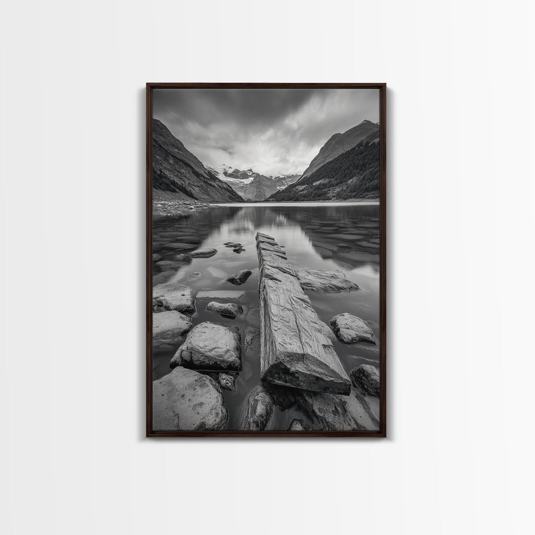 Mountain Lake Log, Alpine Serenity Scene, Tranquil Rock Shore, Canvas Print, Bedroom Wall Art, Nature Retreat, Minimalist Landscape