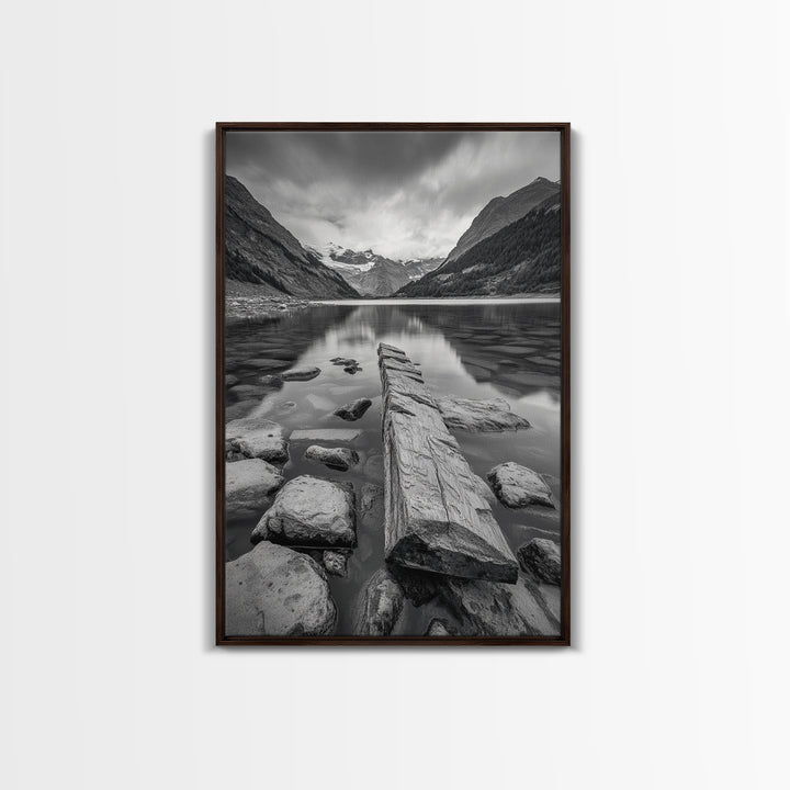 Mountain Lake Log, Alpine Serenity Scene, Tranquil Rock Shore, Canvas Print, Bedroom Wall Art, Nature Retreat, Minimalist Landscape
