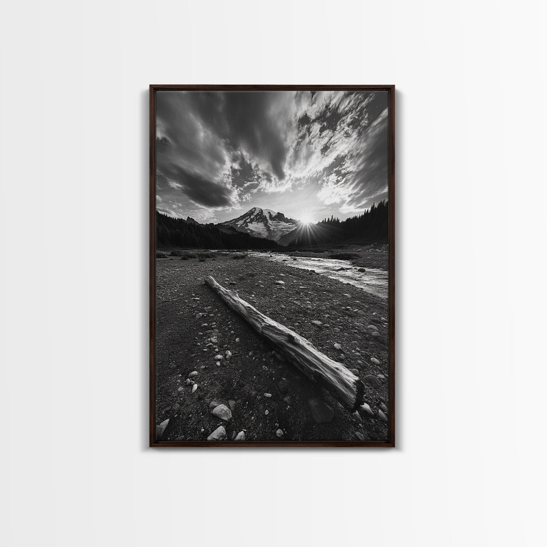 Mountain Sunrise Drift, Alpine Peak Glow, Majestic Morning View, Framed Canvas Print, Entryway Wall Art, Moody Nature Decor, Cabin Style