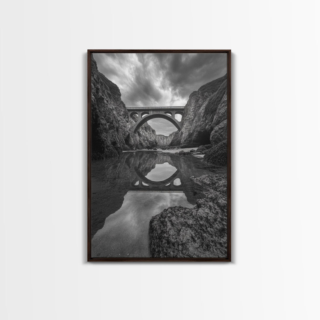 Stone Bridge, Reflections, River Archway, Nature Drama, Framed Canvas Print, Landscape Wall Art, Monochrome Photography, Entryway Art