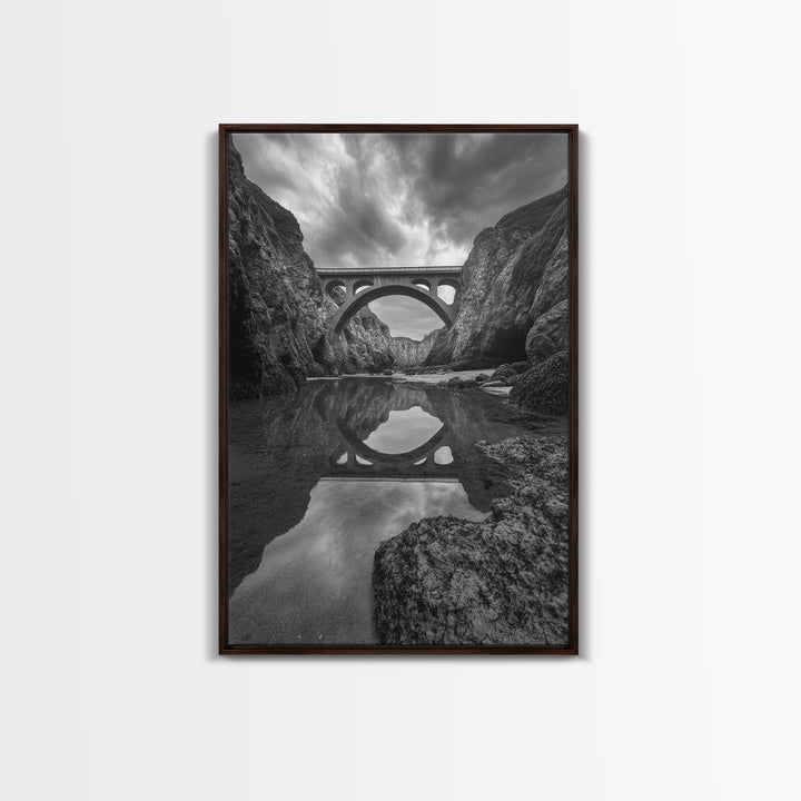 Stone Bridge, Reflections, River Archway, Nature Drama, Framed Canvas Print, Landscape Wall Art, Monochrome Photography, Entryway Art
