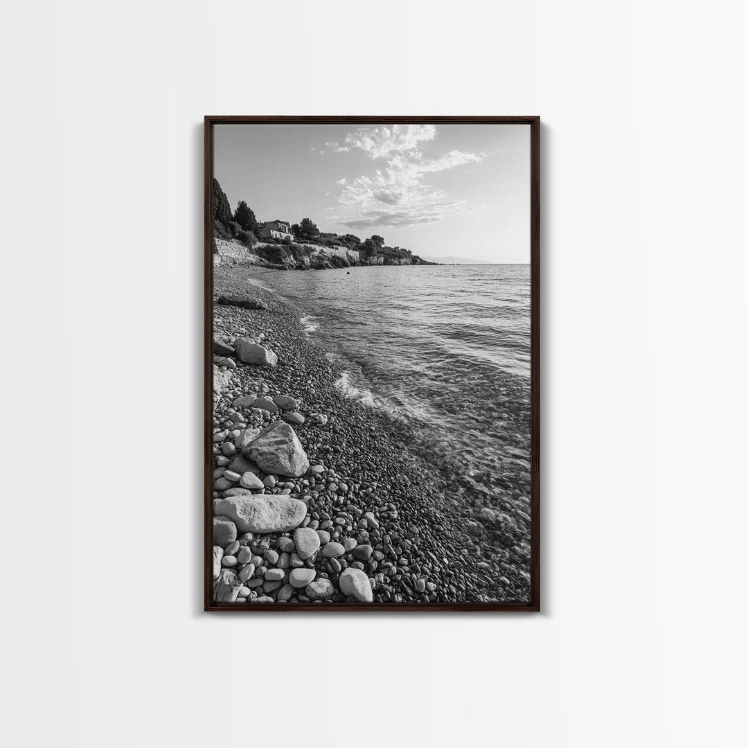 Pebble Beach, Tranquil Coastline, Coastal Stones, Sunrise Shore, Canvas Print, Bathroom Wall Art, Ocean Photography, Beach House Decor