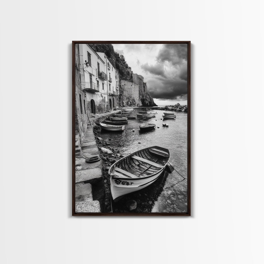 Coastal Village, Fishing Boats, Mediterranean Harbor, Seaside Charm, Framed Canvas Print, Nautical Kitchen Wall Art, Fall Decor Accent