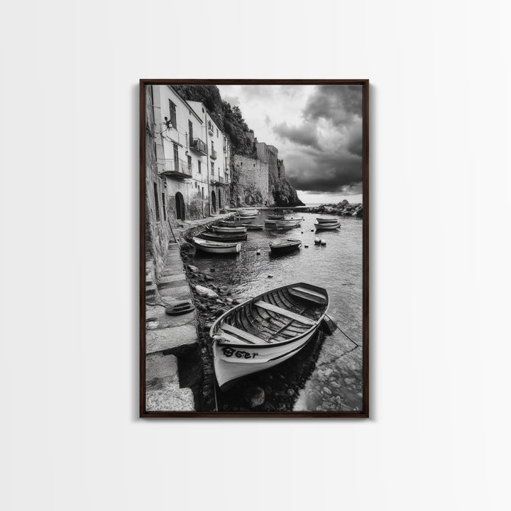 Coastal Village, Fishing Boats, Mediterranean Harbor, Seaside Charm, Framed Canvas Print, Nautical Kitchen Wall Art, Fall Decor Accent