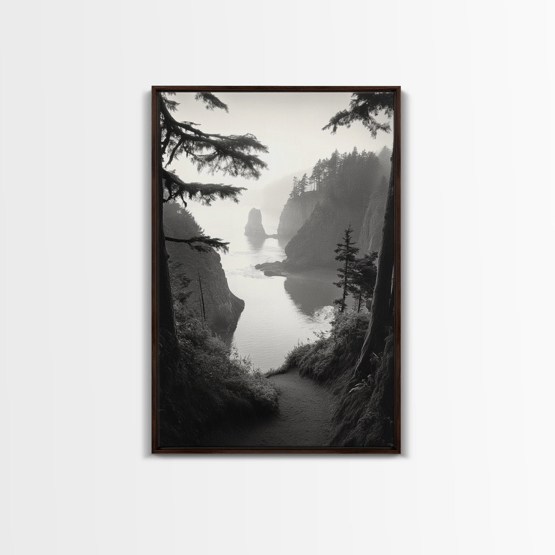 Forest Cliffs, Ocean Pathway, Misty Coast, Woodland Escape, Framed Canvas Print, Cabin Wall Art, Nature Trail Aesthetic, Autumn Mood Art