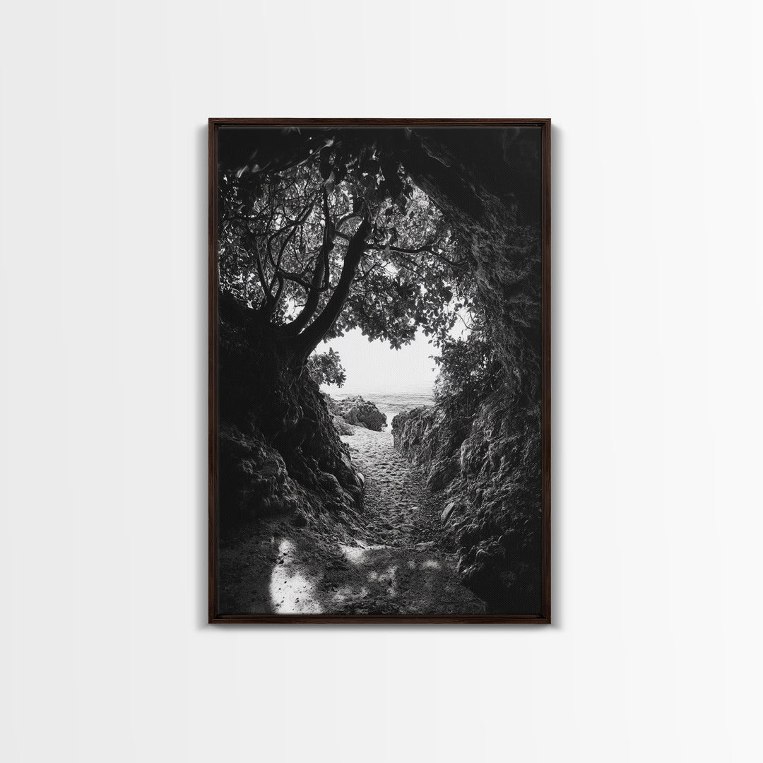 Hidden Beach, Cave Entrance, Secret Shoreline, Natural Light, Canvas Print, Bathroom Wall Decor, Travel Inspired Art, Black And White