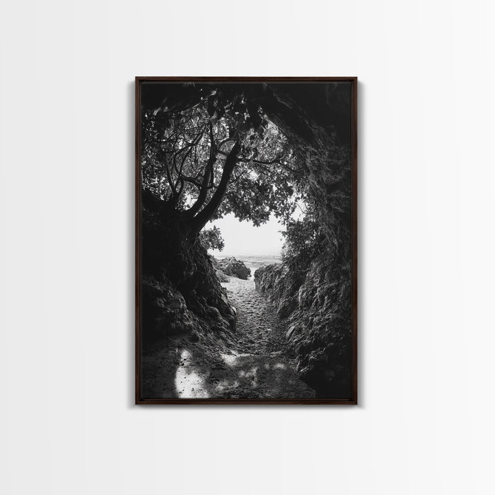 Hidden Beach, Cave Entrance, Secret Shoreline, Natural Light, Canvas Print, Bathroom Wall Decor, Travel Inspired Art, Black And White